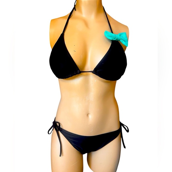 Black and Teal Bow String Bikini Set - Picture 1 of 2